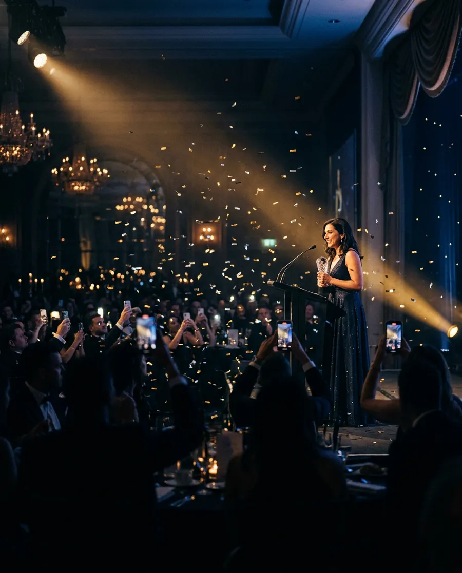 A corporate awards night, the room lit and full.